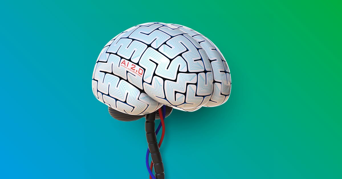 3D rendering of a brain with 'AI' text